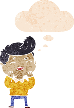 Düşünce baloncuğuyla gülen karikatürist bir insan tarafından çizilmiş dertli retro stili.