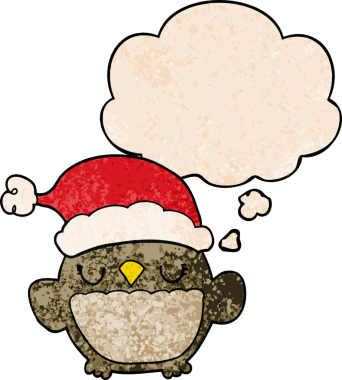 Bir insan tarafından çizilmiş grunge desenli düşünce baloncuğu olan şirin noel baykuşu.