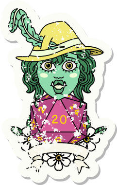 Bir insan tarafından çizilmiş doğal 20 zarlı yarım ork şairin grunge etiketi.