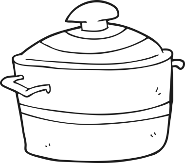 Bir insan tarafından çizilmiş siyah beyaz bir yemek tenceresi.