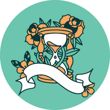 bir saat bardağı ve bir insan tarafından çizilmiş çiçeklerle dövme stili simgesi