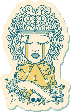 Retro Dövme Tarzı Ağlayan Elf Barbar Karakteri Bir D20 rulosu Bir insan tarafından çizilmiş