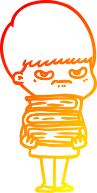 Bir insan tarafından çizilmiş kitapları olan kızgın bir çizgi film çocuğu çizimi.