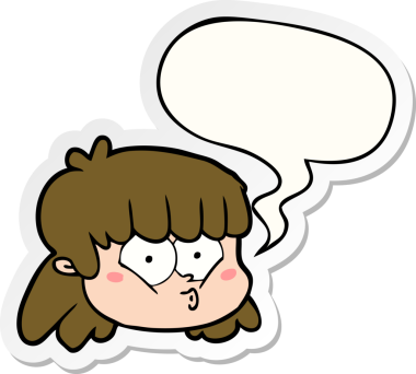 Bir insan tarafından çizilmiş konuşma balonu çıkartmalı bir kadın yüzü.