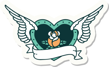 Geleneksel bir dövme stili. Uçan kalp. Çiçekler ve bir insan tarafından çizilmiş bayrak.