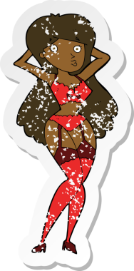 Bir insan tarafından çizilmiş iç çamaşırlı bir karikatür kadının gerilimli çıkartması.