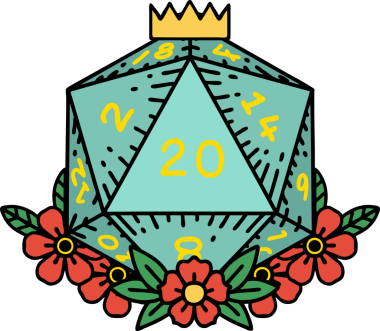 Retro Dövme Biçimi Doğal 20 D20 zar bir insan tarafından çizilmiş çiçek elementleriyle