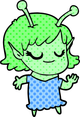 Bir insan tarafından çizilmiş gülümseyen uzaylı kız çizgi filmi.