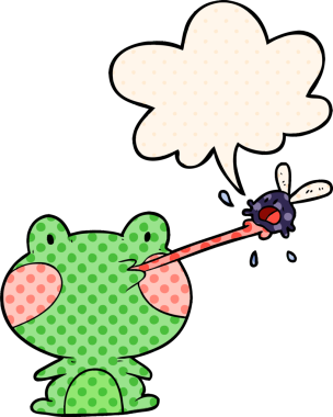 Çizgi roman tarzında bir insan tarafından çizilmiş konuşma balonuyla sineği yakalayan sevimli bir kurbağa.