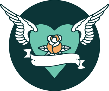 Kanatlı kalbin ikonik dövmesi. Bir insan tarafından çizilmiş gül ve bayrak.