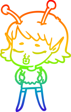 Gökkuşağı gradyan çizgisi. Bir insan tarafından çizilmiş şirin bir uzaylı kız çizgi filmi.