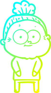 Bir insan tarafından çizilmiş, mutlu, yaşlı bir kadının çizimi.