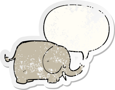 Konuşma baloncuğu olan karikatür fili bir insan tarafından çizilmiş sıkıntılı eski bir çıkartma