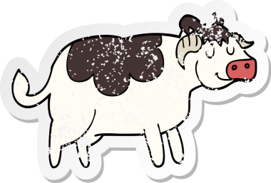 Bir insan tarafından çizilmiş karikatür ineğinin sıkıntılı çıkartması.