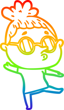 Gökkuşağı gradyan çizgi çizimi bir insan tarafından çizilmiş gözlük takan bir kadın.