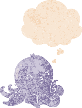 grunge 'da düşünce baloncuğu olan çizgi film ahtapotu bir insan tarafından çizilmiş dertli retro dokuma tarzı.