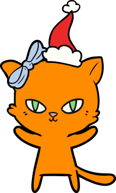 Bir insan tarafından çizilmiş Noel Baba şapkası takan bir kedi çizilmiş.