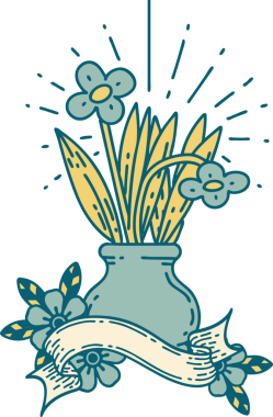 Bir insan tarafından çizilmiş vazoda dövmeli çiçekler olan parşömen.