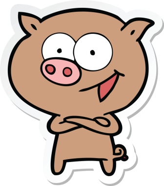 Bir insan tarafından çizilmiş neşeli bir domuz çizgi filminin çıkartması.