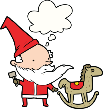 çizgi film Noel Baba insan tarafından çizilmiş düşünce baloncuğuyla oyuncak yapıyor.