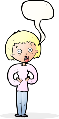 Bir insan tarafından çizilmiş bir konuşma balonuyla kendine el kol hareketi yapan bir karikatür kadını.