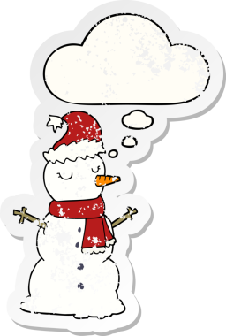 Düşünce baloncuğu olan kardan adam bir insan tarafından çizilmiş yıpranmış bir çıkartma.