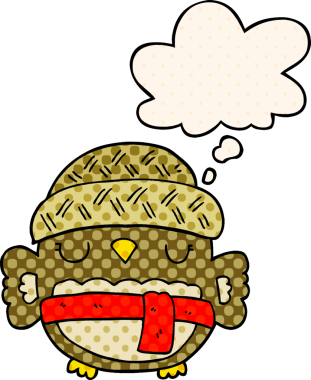 Bir insan tarafından çizilmiş çizgi roman tarzında düşünce baloncuğu olan şapkalı sevimli bir baykuş.