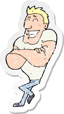 Bir insan tarafından çizilmiş kaslı bir adamın gerilimli çıkartması.