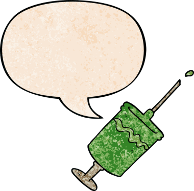cartoon syringe needle with speech bubble in retro texture style drawn by a human