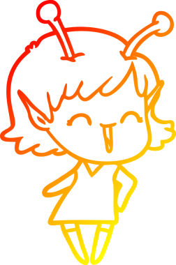 Bir insan tarafından çizilen gülen uzaylı bir kızın sıcak çizgi çizimi.