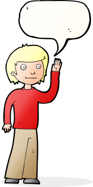 Bir insan tarafından çizilmiş konuşma baloncuğuyla el sallayan çizgi film dostu çocuk.