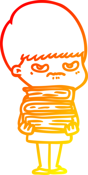 Bir insan tarafından çizilmiş kitapları olan kızgın bir çizgi film çocuğu çizimi.