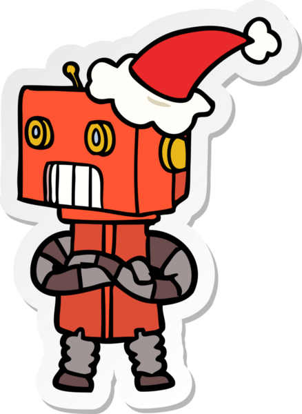 Bir insan tarafından çizilmiş Noel Baba şapkası giyen bir robotun el çizimi karikatürü.