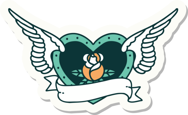 Geleneksel bir dövme stili. Uçan kalp. Çiçekler ve bir insan tarafından çizilmiş bayrak.