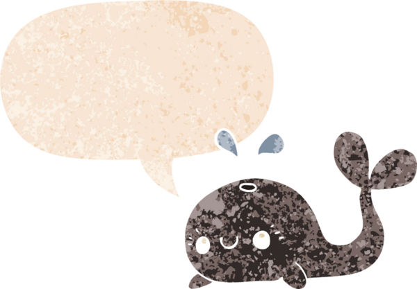 Bir insan tarafından çizilmiş grunge sıkıntılı retro tarzı konuşma balinası ile sevimli çizgi film balinası