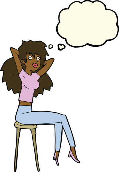 Bir insan tarafından çizilmiş düşünce baloncuğuyla tabureye poz veren çizgi film kadını.