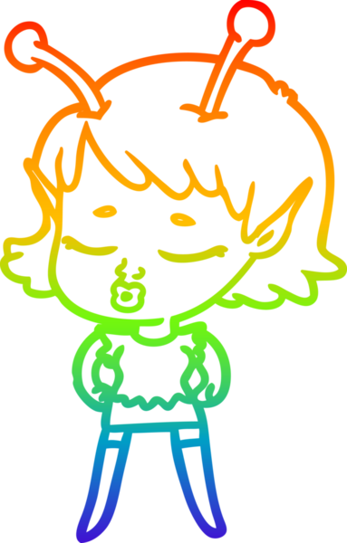 Gökkuşağı gradyan çizgisi. Bir insan tarafından çizilmiş şirin bir uzaylı kız çizgi filmi.