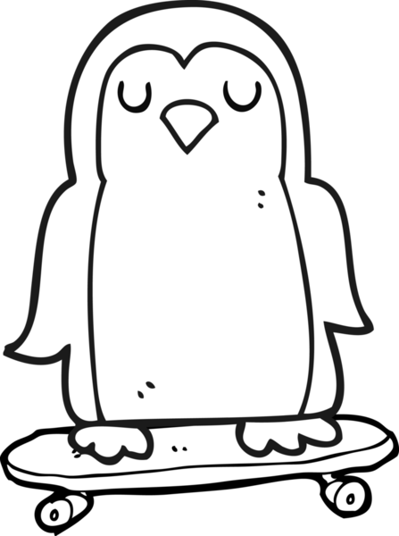 Bir insan tarafından kaykay üzerinde çizilmiş siyah beyaz çizgi film kuşu.