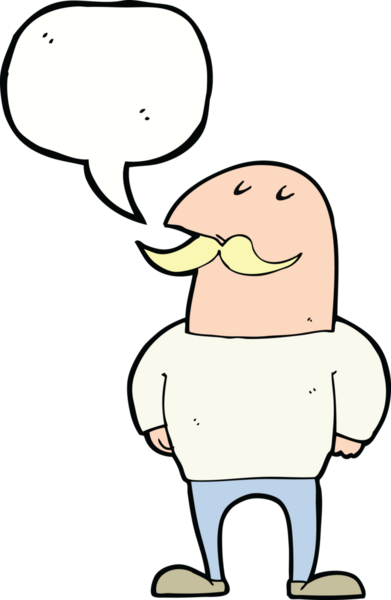 bir insan tarafından çizilmiş konuşma balonlu bıyıklı kel bir adam.