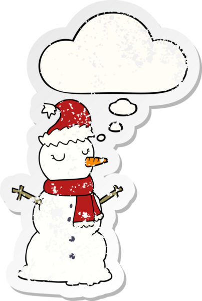 Düşünce baloncuğu olan kardan adam bir insan tarafından çizilmiş yıpranmış bir çıkartma.