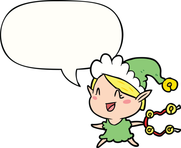 Bir insan tarafından çizilmiş bir konuşma balonuyla mutlu noel elfleri.