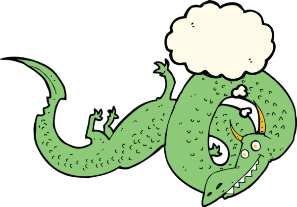 Bir insan tarafından çizilmiş düşünce balonlu Çin ejderhası çizgi filmi.