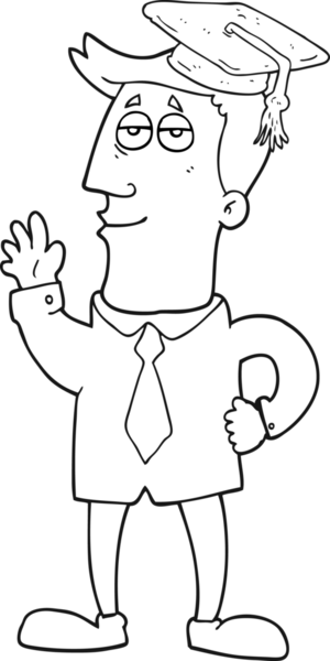 freehand drawn black and white cartoon graduate drawn by a human