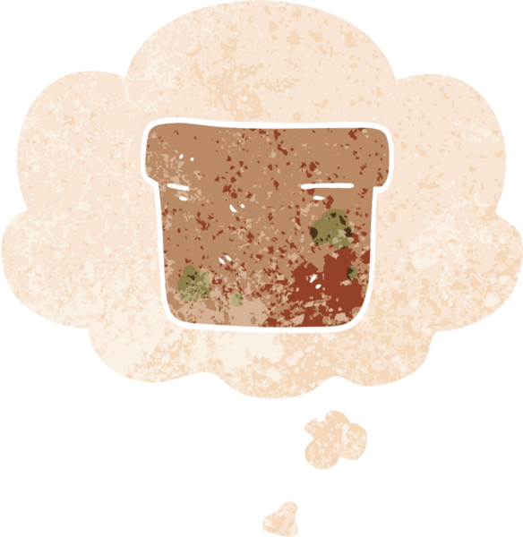 Düşünce baloncuklu karikatür saksısı bir insan tarafından çizilmiş dertli retro dokuma tarzı