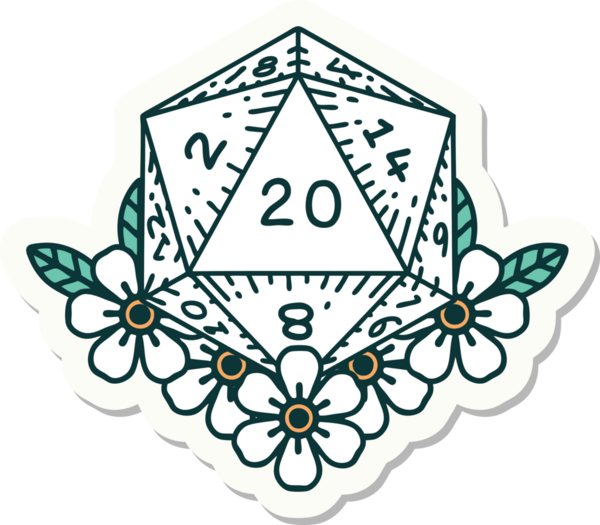 Bir insan tarafından çizilmiş 20 D20 zarının etiketi.