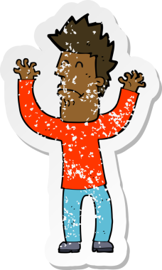 Bir çizgi filmin gerilimli retro yapıştırması bir insan tarafından çizilmiş stresli bir adam