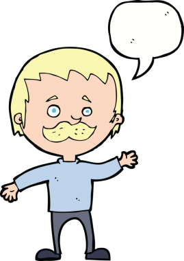 Bir insan tarafından çizilmiş konuşma baloncuğuyla bıyıklı çizgi film adamı.