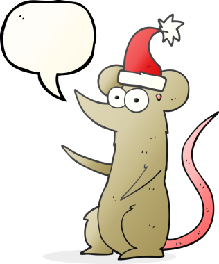 Bir insan tarafından çizilmiş Noel şapkası giyen serbest konuşma balonu çizgi film faresi.