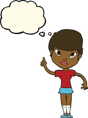 Bir insan tarafından çizilmiş düşünce baloncuğu fikri olan karikatür kadın.