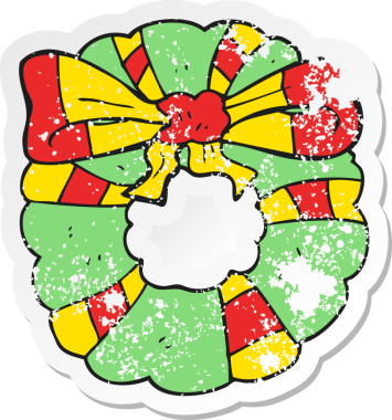 Bir insan tarafından çizilmiş bir karikatür Noel çelenginin gerilimli retro yapıştırması.